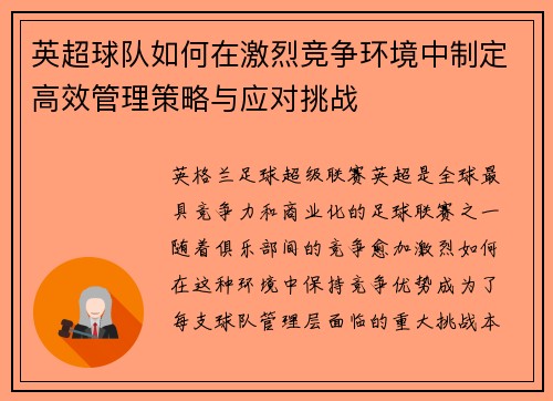 英超球队如何在激烈竞争环境中制定高效管理策略与应对挑战