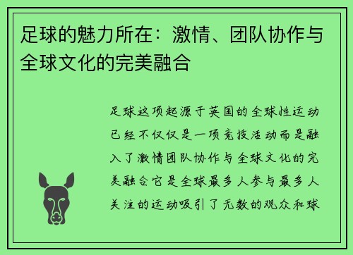 足球的魅力所在：激情、团队协作与全球文化的完美融合