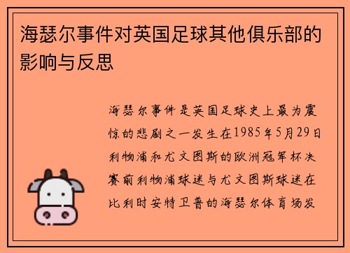 海瑟尔事件对英国足球其他俱乐部的影响与反思 海瑟尔事件对英国足球其他俱乐部的影响与反思